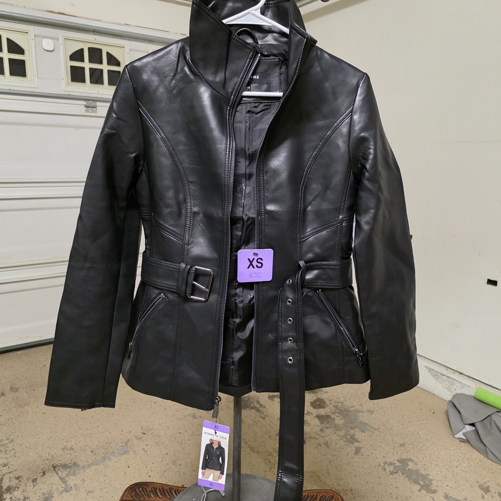 Kenneth Cole Reaction Black Faux Leather Belted Jacket with High Collar